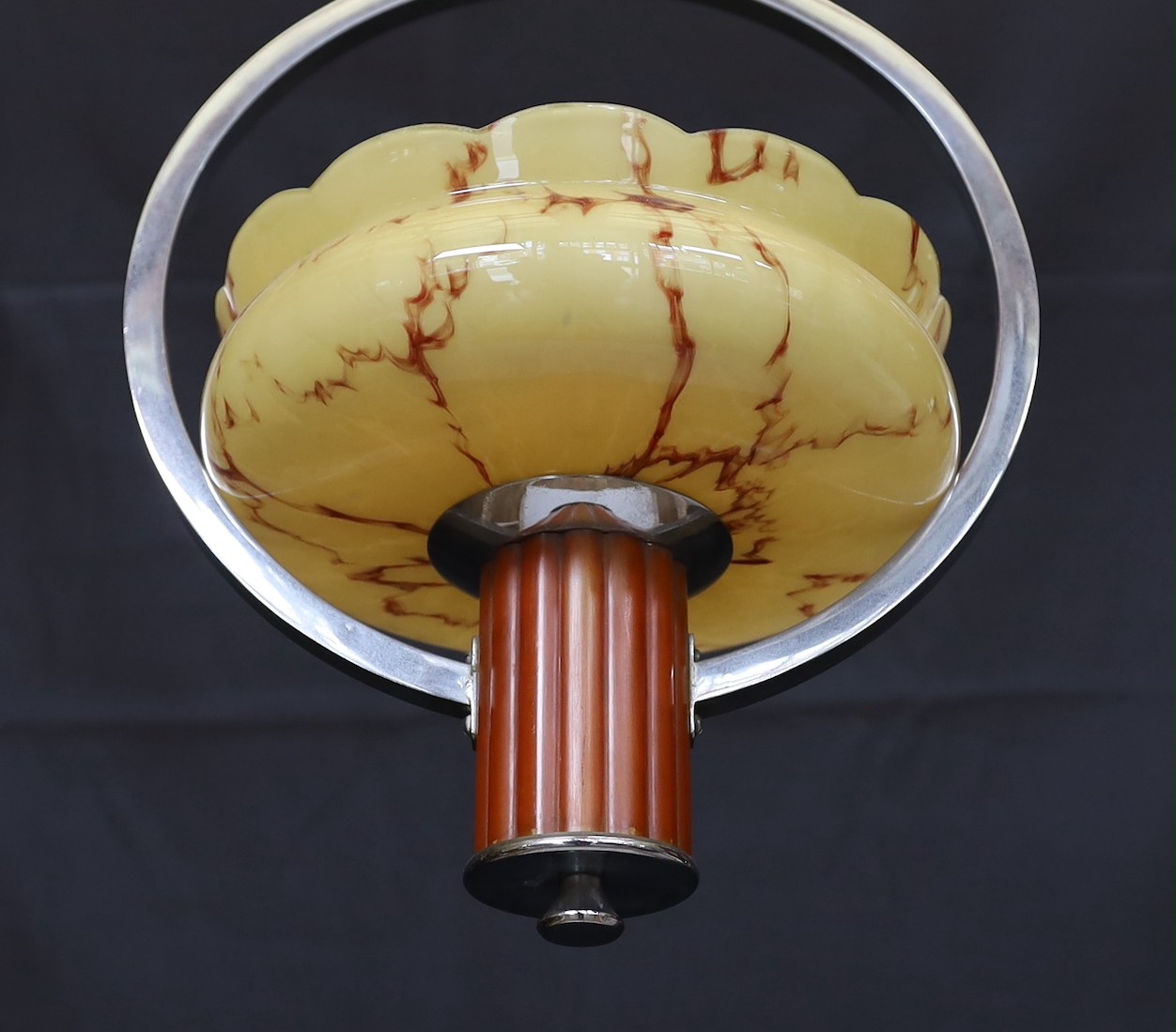 A 1930s English nickel plated, bakelite and marbled glass light fitting, height 66cm